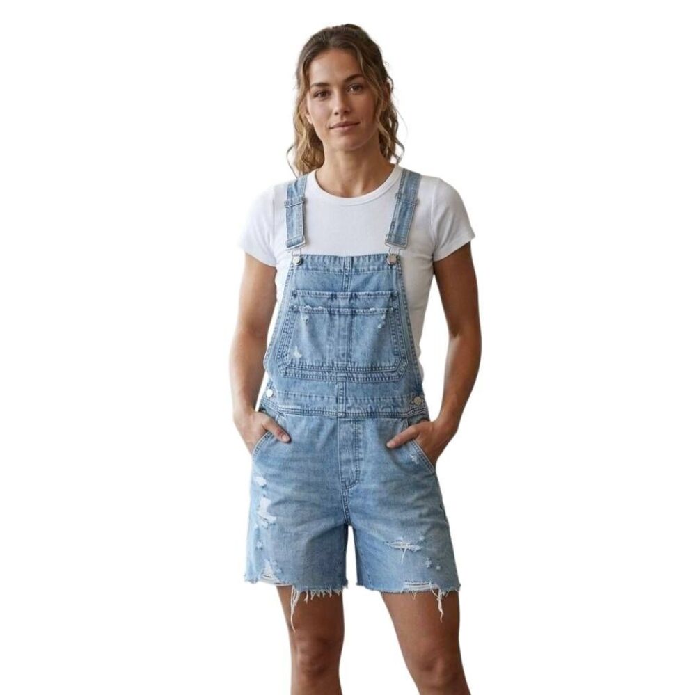 Gap Distressed Denim Short Overalls Size S- Petite Light Wash